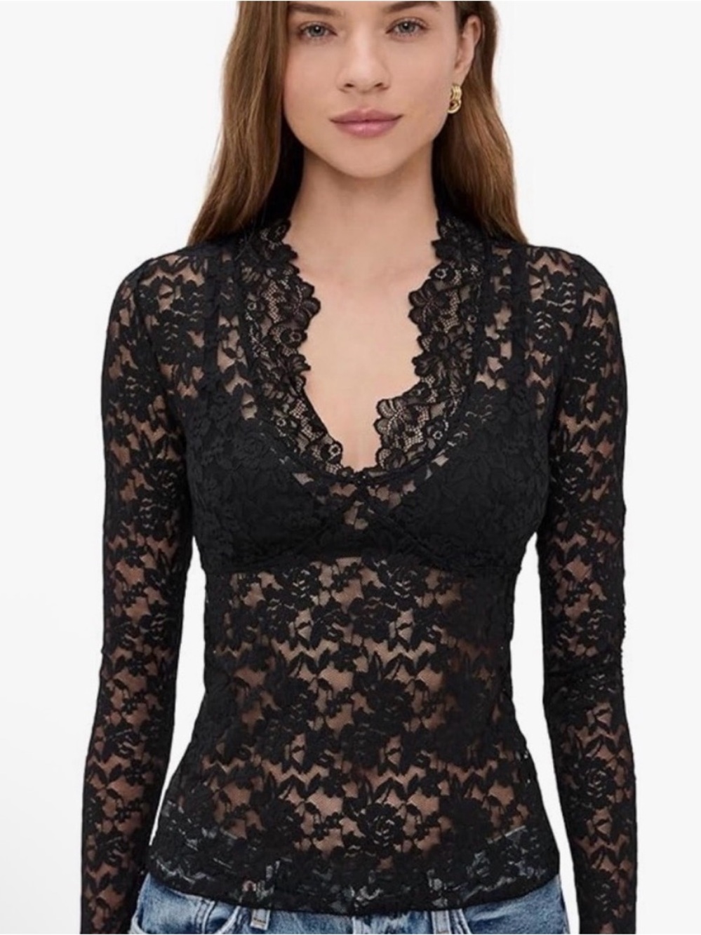 Free People Black Floral Lace Long-Sleeve V-Neck Top